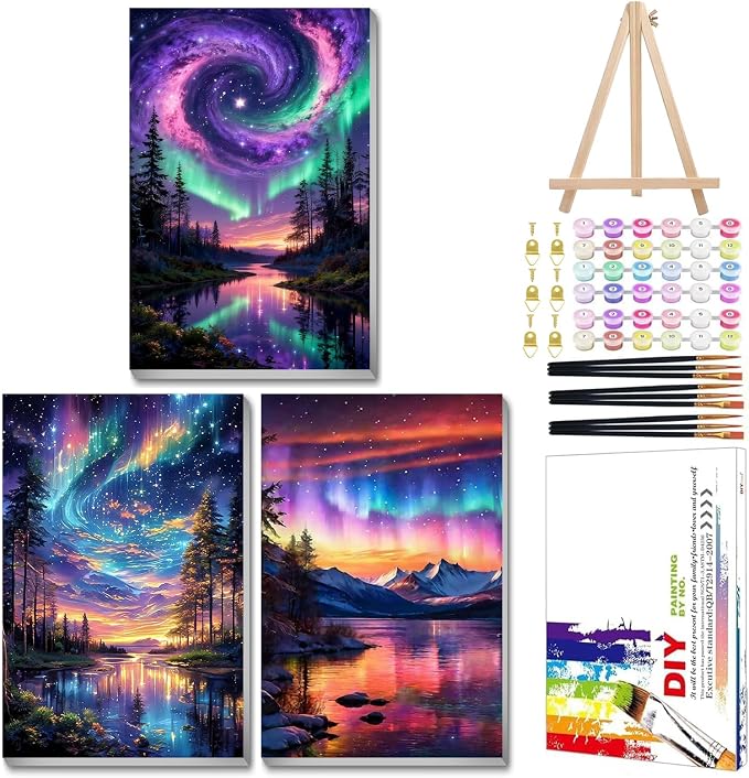 Mandun Aurora Paint by Numbers Kit for Adults, 3 Pack, 7.8x11.8 inch | DIY Painting Kits Crafts for Adults, Relieve Stress, Frame Canvas, Wooden Easel, Gift Box, Home Wall Decor