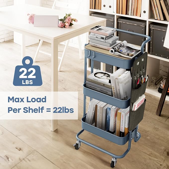 DTK 3-Tier Rolling Cart with Table Top, Metal Utility Cart with Side Bags