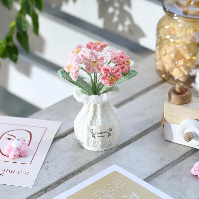 Forget-me-not Crochet Flower Potted Plant Pink - Handmade Desk Decor for Her Girlfriend Wife Mom Friends Sister Graduation Birthday Wedding Anniversary Home Decoration