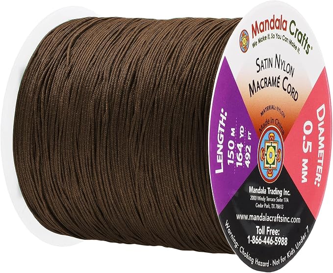 Mandala Crafts 0.5mm Brown Rattail Nylon Satin Cord for Jewelry Making