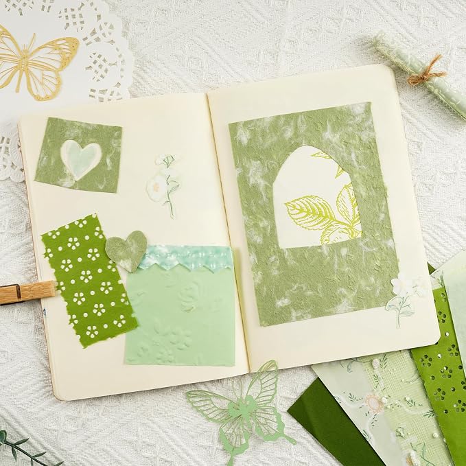 50 Sheets Unique Handmade Textured Scrapbook Paper & Mesh Fabric Set - Junk Journal Supplies Craft Paper for Scrapbooking Journaling Supplies for Junk Journal Retro Crafts（Green）