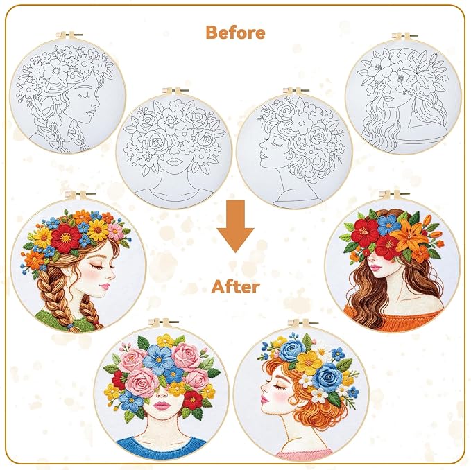 BEUNITONE 4 Set Embroidery Kits for Beginners Adult with Pre-Print Pattern | 7.9x7.9" Include Embroidery Cloth Hoops Threads for Craft Lover, Beautiful Flower Lady Pattern for Women Home Decor