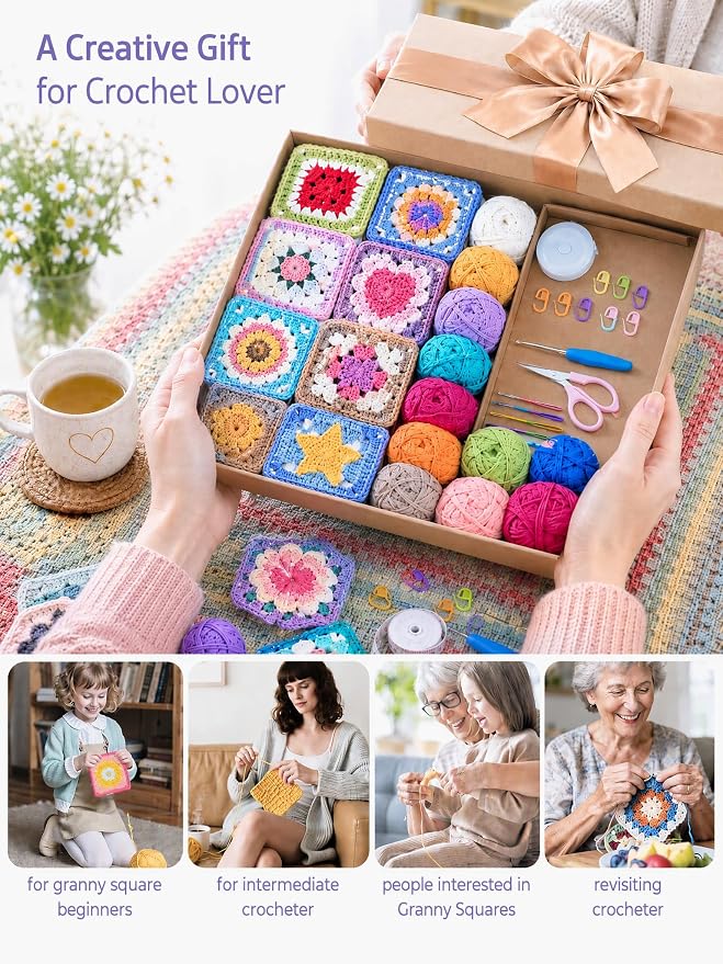 Katech Crochet Kit for Beginners, 50 Floral Granny Square Kits for Adults