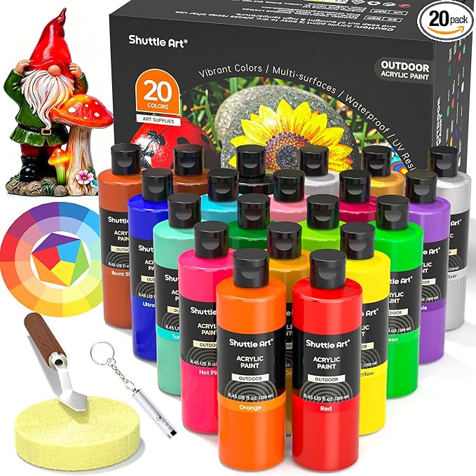 Shuttle Art Outdoor Acrylic Paint Set, 20 Colors Waterproof Paint, 8.45oz Large Bottles, Rich Pigmented Bulk Painting Supplies for Artists, Beginners on Rocks, Wood, Wall, Crafts, Garden Statues