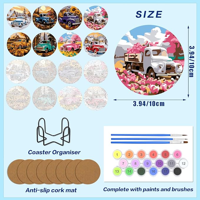 8 Pack All Season Paint by Numbers Kits Coasters with Holder Cork Pads | Truck Paint by Number Kits for Adults Simple Round Oil Painting Coaster for Small DIY Craft Holiday Birthday Gift 3.9x3.9in