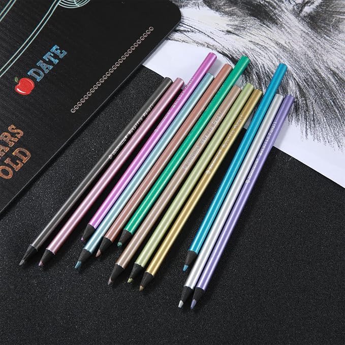 Zhehao 24 Pcs Metallic Colored Pencils, Glitter Colored, 12 Colors
