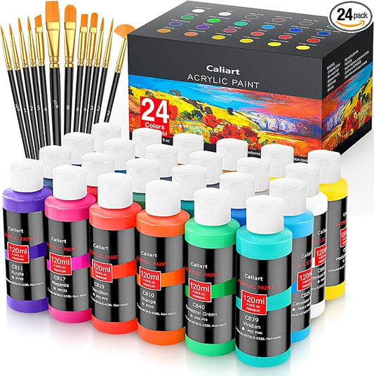 Caliart 24 Colors Acrylic Paint Set Large Bottles 4oz with 12 Brushes | Craft Painting kit for Adults Artists Beginners, Rich Pigment Non-toxic, Canvas Wood Rock Pumpkin Ceramic Art Supplies Paint