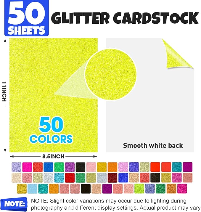 TUXIYA 50 Sheets 8.5" X 11" Glitter Cardstock,50 Colors 250GSM Card stock