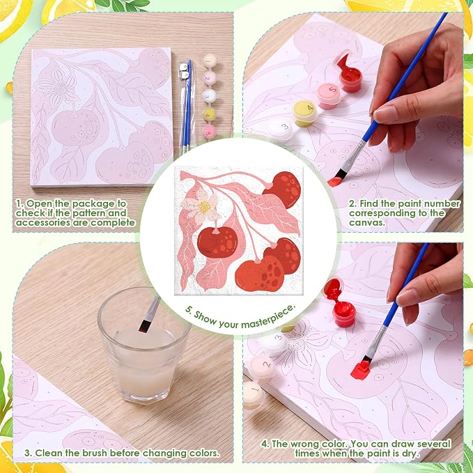 RoundFunny 8 Set Paint by Numbers Drawing Kit for Adults,Summer Fruit | 8x8 in. Mini Simple Painting Canvas Wooden Frame Easel Acrylic Paint Brush Funny Number Drawing Kit for Gift Wall Home Decor