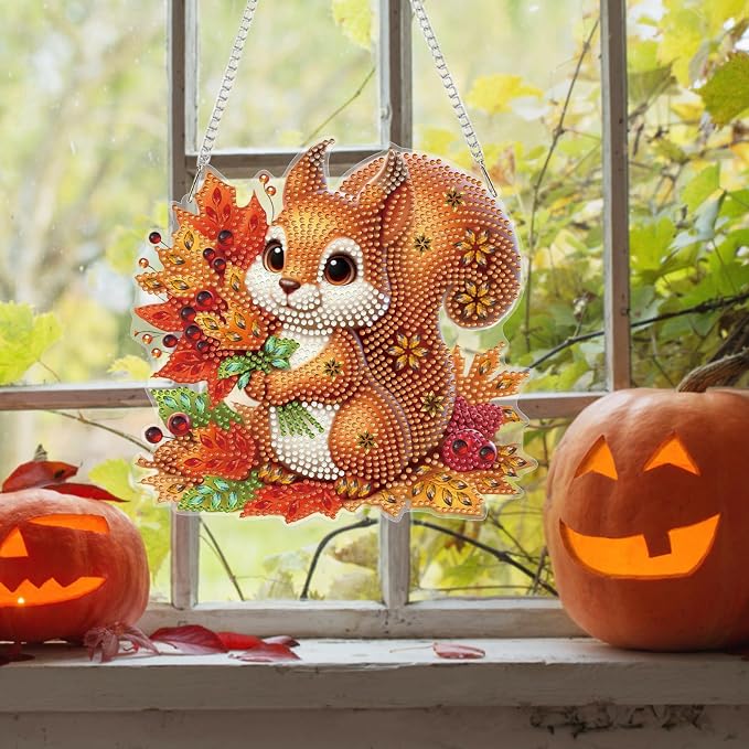 Bowetile Fall Squirrel Diamond Art Hanging Kits for Adults, Diamond Art Suncatchers Maple Leaf, 5D Special Shape Autumn Diamond Painting Pendant Window Ornament Gifts for Home Door Wall Decor