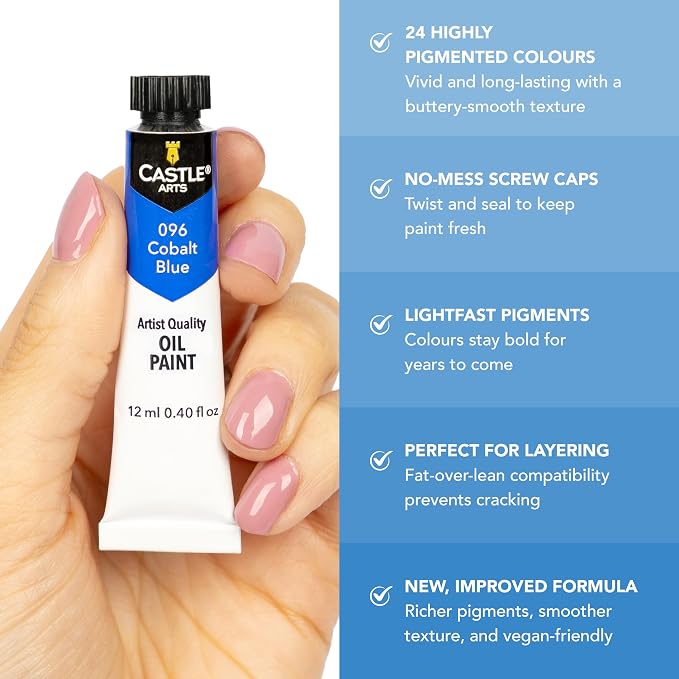 Castle Art Supplies 24 X 12ml Oil Paint Set for Adults - New Formula | Richer, vibrant, smooth-to-use colors for beginners through advanced artists - tutorial and presentation box included