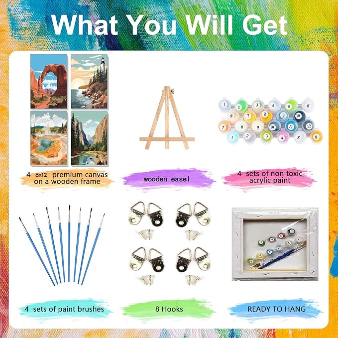 National Park Paint by Numbers for Adults with Framed Canvas - Wooden Easel | 4 Pack Paint by Number on Canvas, DIY Landscape Acrylic Oil Painting Kits with Brushes for Home Wall Decor (8x12 inch)