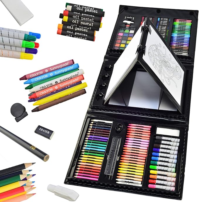 Sunnyglade 185 Pieces Double Sided Trifold Easel Art Set Art Supplies Black | Art Kit Drawing Art Box with Oil Pastels, Crayons, Colored Pencils, Markers, Paint Brush, Watercolor Cakes, Sketch Pad