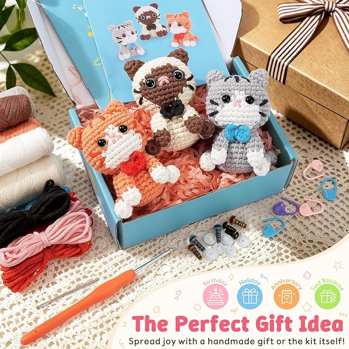 Fortuning's JDS Crochet Kit for Beginners, 3 Cat Crochet Animal Kit Starter | w/ Step-by-Step Video Tutorials, Beginner Crochet Kit for Adults, Bow-Wearing Cat Crochet Set, Crochet Gifts for Cat Lovers