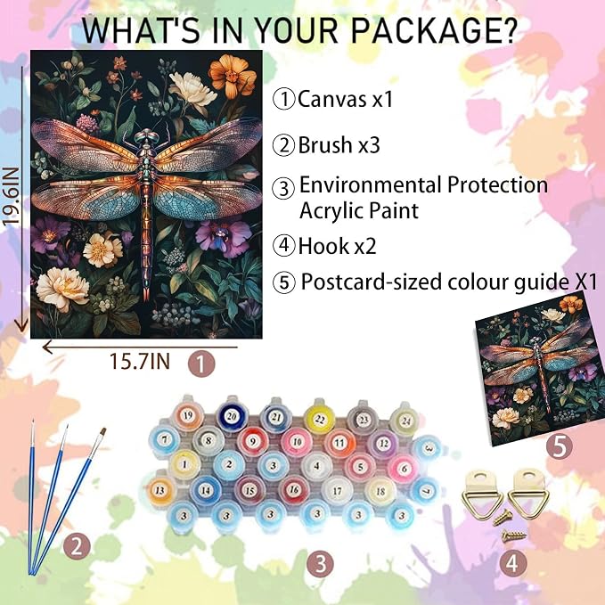 Dragonfly Paint by Numbers Kit for Adults Beginner 16x20inch(Without Frame) | Flowers Adult Paint by Number Kits on Canvas, DIY Acrylic Oil Painting by Numbers for Adults for Gift Home Wall Decor