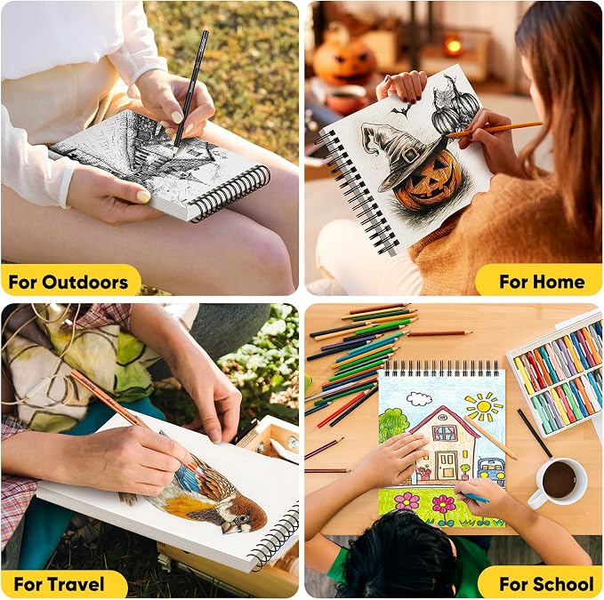 Soucolor 8x10 Sketch Book, 100 Sheets, 68lb Acid-Free Spiral Bound Pad | 68lb acid-free paper, no bleed-through, lay-flat spiral binding — perfect for kids, students & artists. Portable 8x10 size