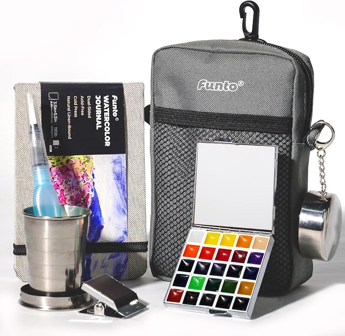 Funto Watercolor Paint Set, 24-Color Mirrorlike Travel Kit for Artists