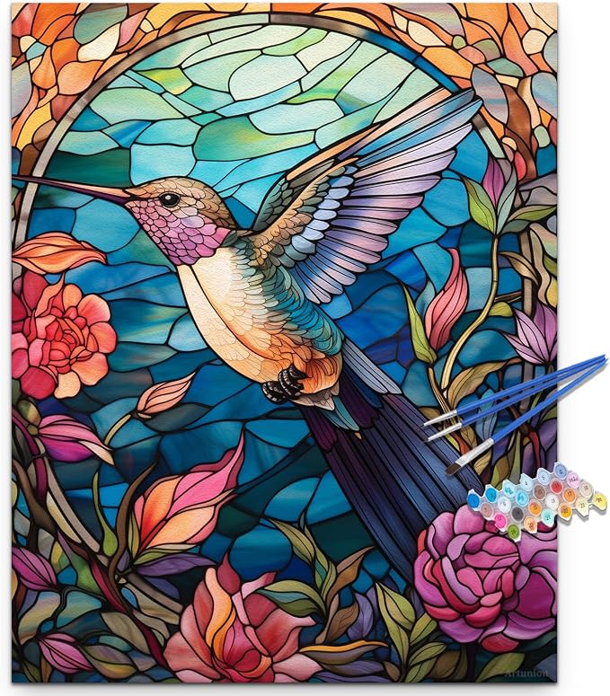 Artunion Hummingbird Paint by Numbers Kit for Adults,Stained Glass Paint by Number Kits, DIY Oil Painting Paint by Number Kits on Canvas Arts Craft for Home Wall Decor 16x20 Inch