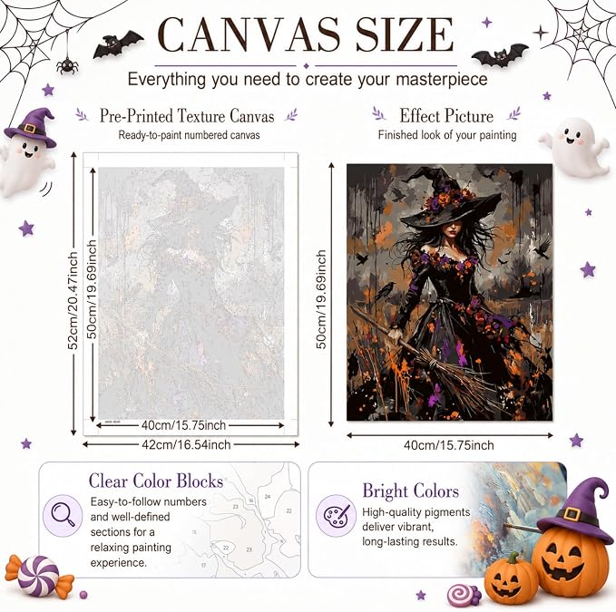 TELMOXA Halloween Paint by Numbers Kit for Adults, 16x16 in | Witch Adult Paint by Number Kits, Acrylic Oil Painting, Colored Canvas, Painting Kit, DIY Craft Kits, Gifts, Home Wall Decor