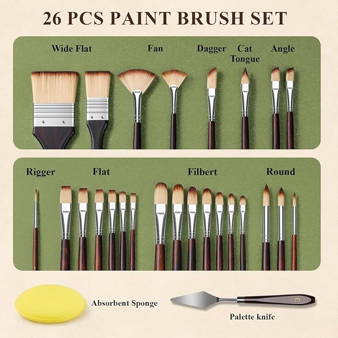 REDSHELL 26pcs Paint Brush Set, Acrylic Oil Painting Brushes for Artists | Professional Watercolor Brush Kit with Palette Knife, Flat, Fan, Filbert, Round, Rigger, Paintbrush, Face Painting, Gouache