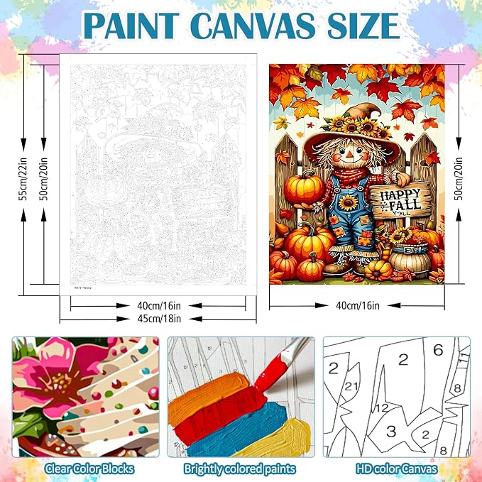 LKHMVCA Happy Fall Scarecrow Pumpkin Paint by Number Kits for Adults, DIY Paint by Numbers Kits for Adults Beginners Without Frame, Acrylic Paint Canvas Painting Kits Art for Home Decor 16x20 Inch