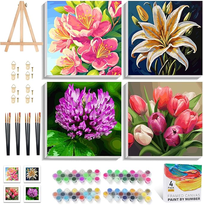 PRASIO 4 Pack Paint by Numbers Kit for Adults Framed Canvas with Wooden Easel, Flowers Easy Paint by Number Kits with Frame, Acrylic Watercolor Adult Paint by Number Kits on Canvas Framed 10x10 Inch