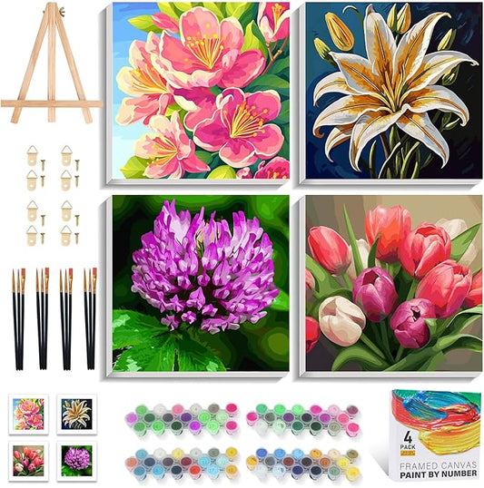 PRASIO 4 Pack Paint by Numbers Kit for Adults Framed Canvas with Wooden Easel, Flowers Easy Paint by Number Kits with Frame, Acrylic Watercolor Adult Paint by Number Kits on Canvas Framed 10x10 Inch