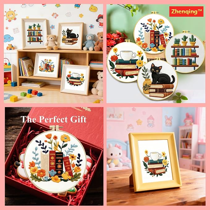 Zhenqing 4-Piece Book Lover Embroidery Kit for Beginners, Cat Coffee Books Needlework Set with Pre-Printed Fabric, Hoop, Threads & Tools (C0226)