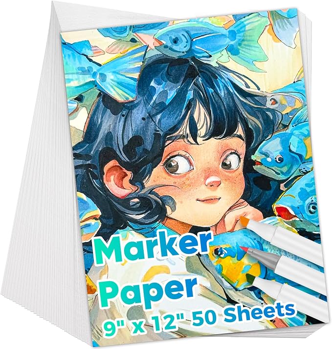 Marker Paper 9" x 12", 50 Sheets Alcohol Marker Paper, Loose Drawing Paper | 73 lb/120 gsm Smooth Painting Coloring Paper, Art Supplies for Kids Adults, Teacher Marker Pad Sketchbook,Classroom Must Have