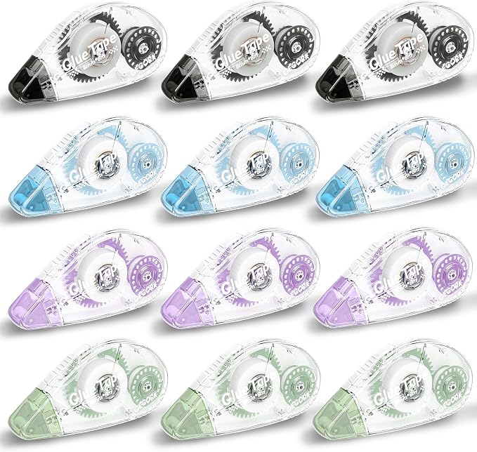 Gecork Double Sided Glue Tape Roller 312 ft Total, 12-Pack, 4 Colors | 0.3 in x 26 ft Quick-Dry Tape Runner, Strong Adhesive & Lasting Bond, For Scrapbooks, Journals, Office, School Arts & Crafts