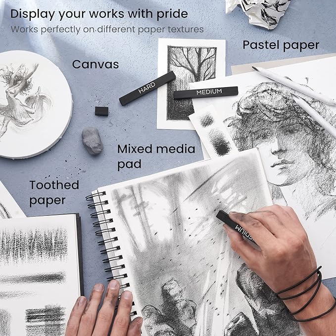 ARTEZA Compressed Charcoal Sticks Set of 16 – Medium and Hard Drawing Crayons for Sketching, Shading, Line Work in Charcoal Art and Figure Drawing | Deep Black Marks, Controlled Lines in Varied Thicknesses, Rich Layered Depth, For Sketching, Shading an...
