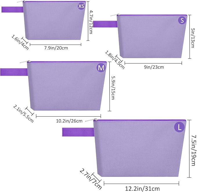 10 Pieces Cotton Canvas Makeup Bag with Bottom and Strap, Multi-Purpose Cosmetic Bag with Zipper Travel Toiletry Pouch, Blank DIY Craft Bag (Purple, M)