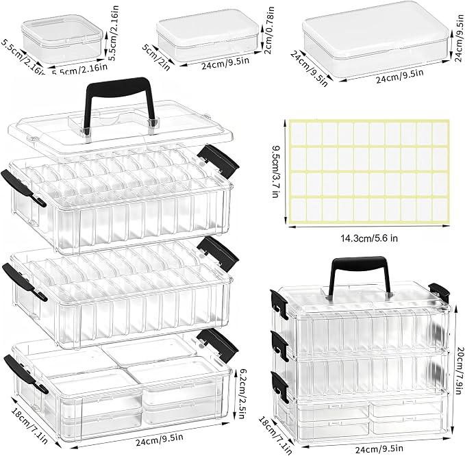 Bead Organizer Box 58 Pcs, 3-Tier Stackable Storage Box, and 3 Different Container Sizes Small Plastic Containers with Lids, Portability, Clear Organizers for Jewelry DIY Craft Storage