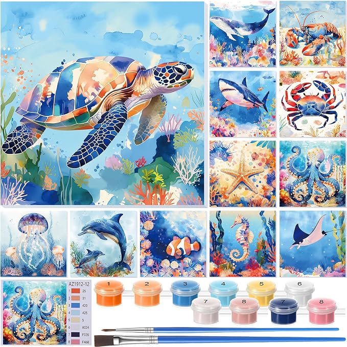 Nezyo 12 Sets Paint by Numbers with Frame, Ocean Animals Canvas 8x8 Inch | DIY Acrylic Number Painting for Beginners, Sea Life Designs, Includes Brushes Paints, Party Classroom Birthday Gift