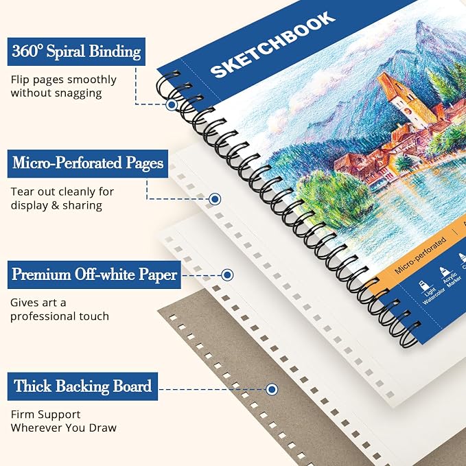 Mixed Media Sketch Book 9" x 12": 98lb/160gsm Spiral Drawing Pad, 2 Pack
