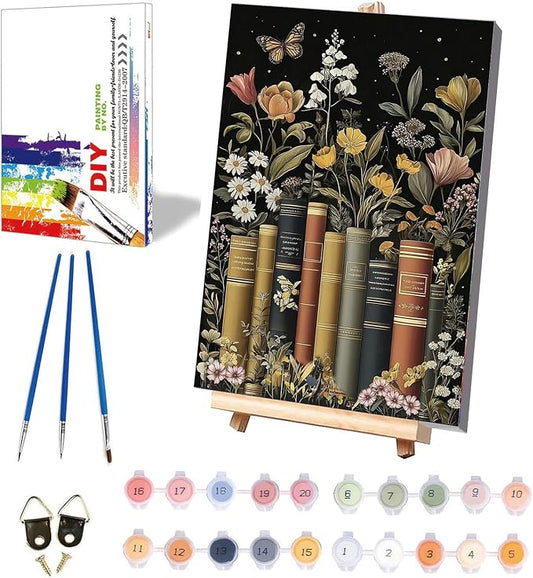 xackcme Book Paint by Numbers for Adults with Framed Canvas 8x12 inch | Flowers Paint by Number on Canvas, DIY Books Acrylic Oil Painting Kits with Wooden Easel Brushes for Home Wall Decor