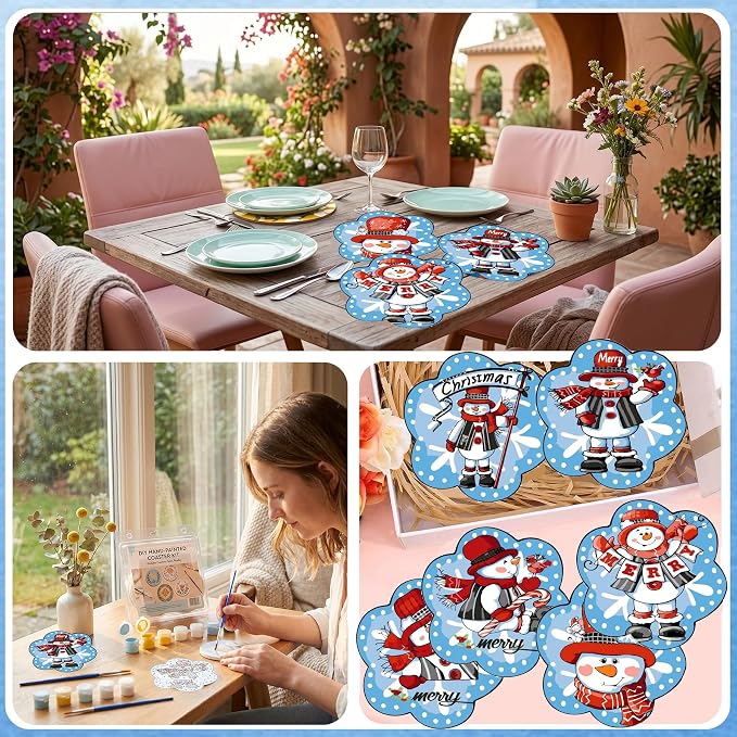 6 Pack Christmas Paint by Numbers Kits Coasters with Holder Cork Pads | Cute Mini Snowman Paint by Numbers Kits for Aldults, Special Shape Oil Painting Coaster for Small DIY Craft Holiday Gifts