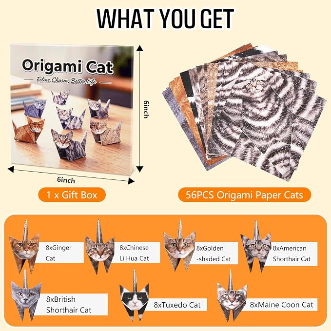 hapray 56 Sheets Cat Origami Paper Kit, Origami Kit for Kids, Origami Book | Easy to Fold DIY Craft for Adults and Kids Ages 8-12, Origami Paper Kits Desk Decoration with Video Tutorial, Cat Lover Gift