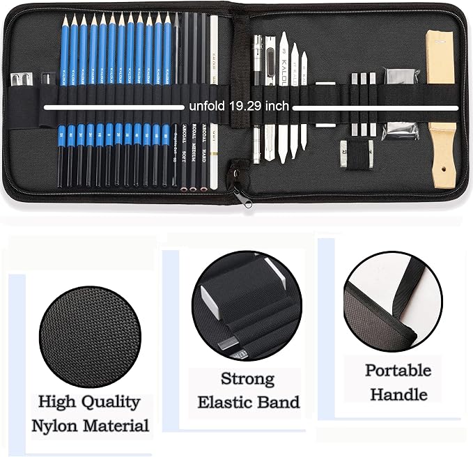 KALOUR 34 Sketching Pencil Set with Sketchbook - Zippered Travel Case - Sketch,Charcoal,Eraser - Art Drawing Supplies for Beginner, Kids,Adults