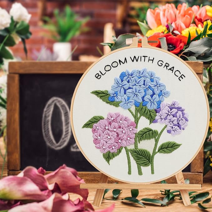 Nuberlic Hydrangea Embroidery Kits for Beginner Adults | Cross Stitch Kit with Stamped Pattern Include Cloth Hoops Threads Needles,Needlepoint Kits