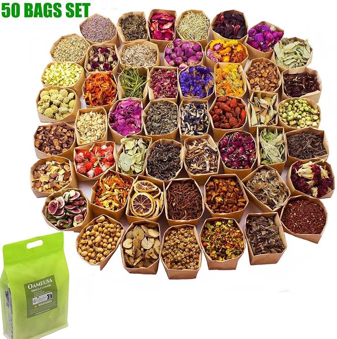 50 Packs Set - Dry Flower Craft Set, Dried Flowers, Dried Plants, Roses, Jasmine, Peonies, Lavender, Forget-me-nots, Witchcraft Kit, Resin Jewelry Making, DIY Candles, Seasonal Decorations