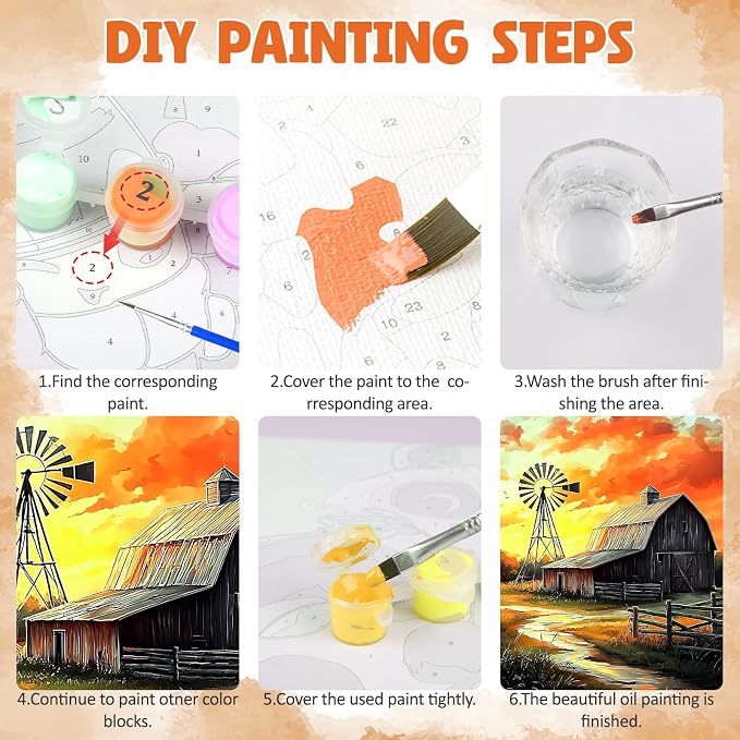 DOMROM Framed Paint by Numbers Kit for Adults Beginners, DIY Farmhouse Barn Paint by Number Kit on Canvas, DIY Oil Painting Kits for Home Wall Decor Gift 12x16inch