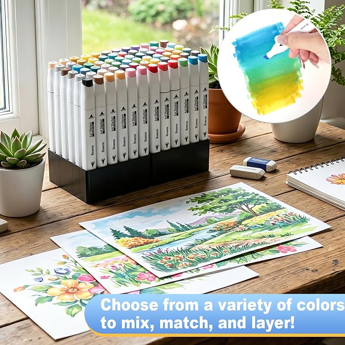 Reaeon Alcohol Art Markers 60 Colors, Dual Tip For Coloring | Chisel & Fine, Permanent Markers for Adult Coloring, Drawing, Sketching, Illustration and Painting, Art Supplie for Artist