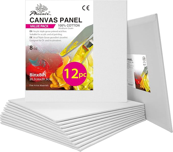 PHOENIX Painting Canvas Panels 8x8 Inch, 12 Value Pack - 8 Oz Triple Primed 100% Cotton Acid Free Square Canvas Boards for Painting, White Blank Flat Canvas Boards for Acrylic, Oil Paints