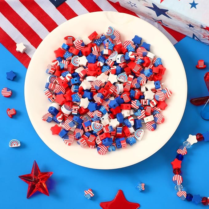 Augshy Patriotic Clay Beads,300Pcs Red White and Blue Beads for Bracelets