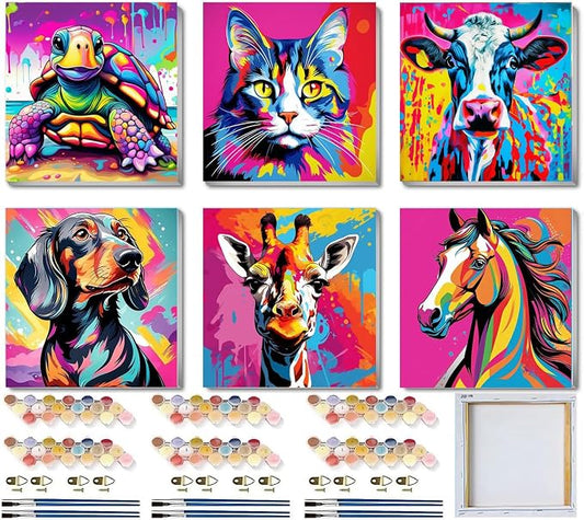 6 Pack Framed Paint by Numbers Kit for Kids, Horse Color By Number Painting Kits for Kids Ages 4-8-12, Cat Giraffe Paint by Numbers Canvas Children DIY Paints by Number Kits for Beginners 8x8Inch