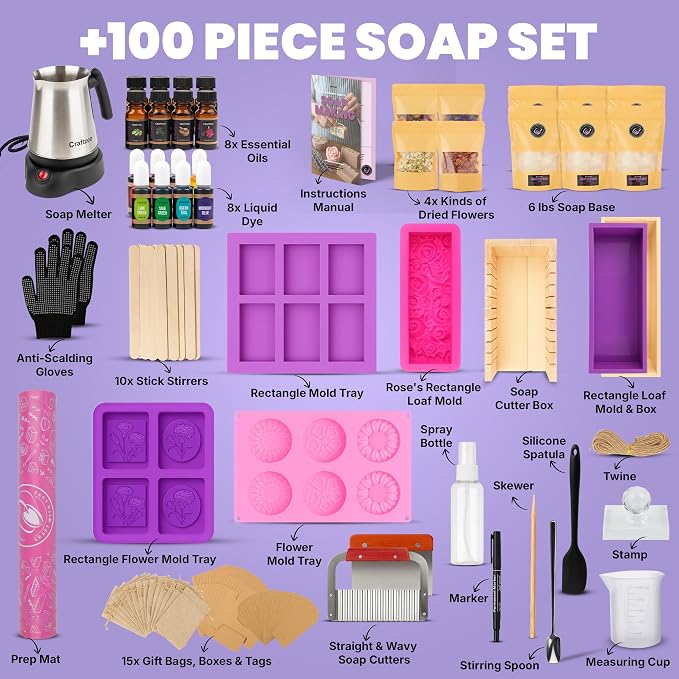 CraftZee 𝗦𝗨𝗣𝗘𝗥 𝗗𝗘𝗟𝗨𝗫𝗘 Soap Making Kit - All-in-One Soap Making Supplies with 6lbs Soap Base, 8 Dyes, 8 Essential Oils, Silicone Molds, Cutters, All Essential Tools & Instructions