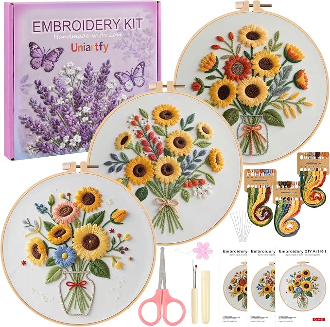 Uniartfy 3 Sets Sunflower Embroidery Kits for Beginners, Needlepoint Kits for Adults, Cross Stitch Kit with Cloth, Hoop, Threads and Instruction, Easy to Learn Embroidery Starter Kit for Craft Lover