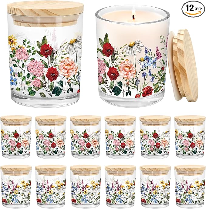 Whaline 12Pcs Wildflower Empty Candle Jar with Wooden Lid 7 oz Spring Floral Glass Candle Container for Candles Making Storing Kitchen Table Centerpiece Decoration