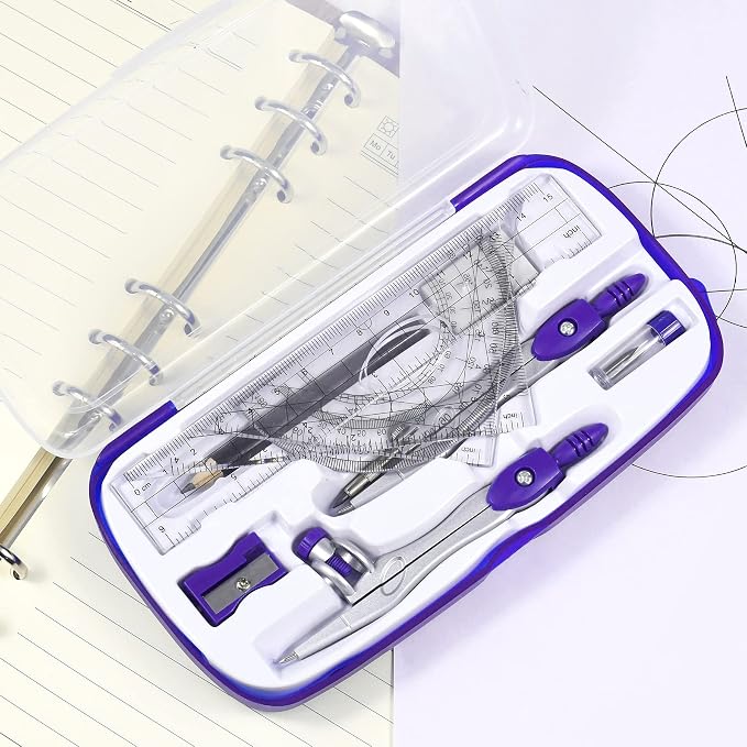 Unjoo Math Geometry Set 10 Pcs, Compass and Protractor for Students(Purple | Shatterproof Storage Box,Rulers,Protractor,Compass,Eraser,Pencil Sharpener,Lead Refills,Pencil,for Classroom, Back to School